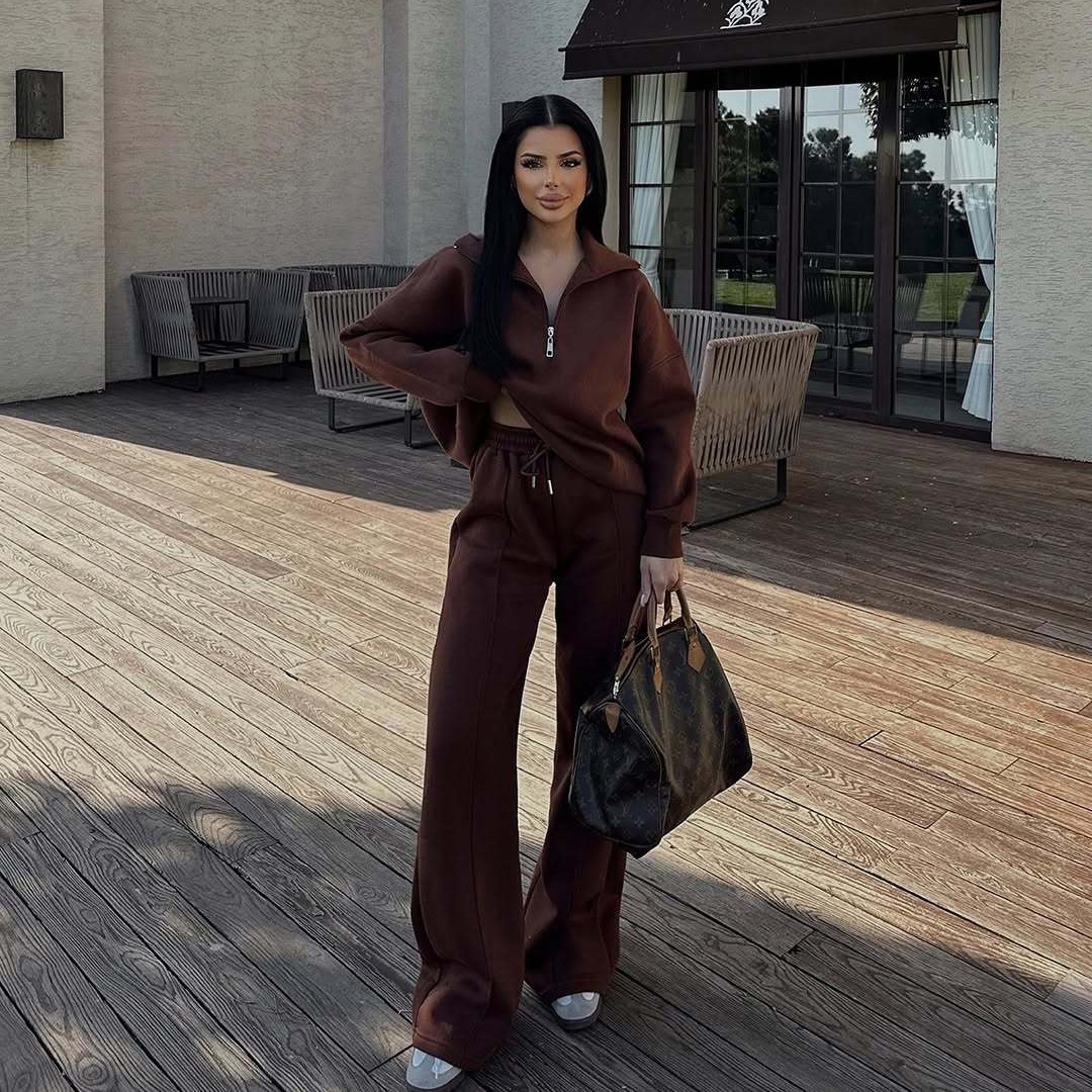 Women's Half-Button Pullover Sweatshirt and Pants Set