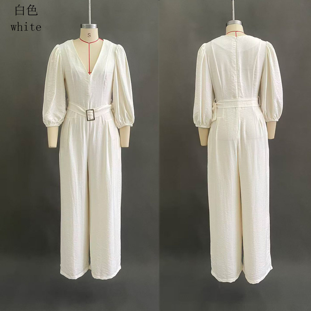 Women's Casual Solid Deep V-Neck Loose Jumpsuit