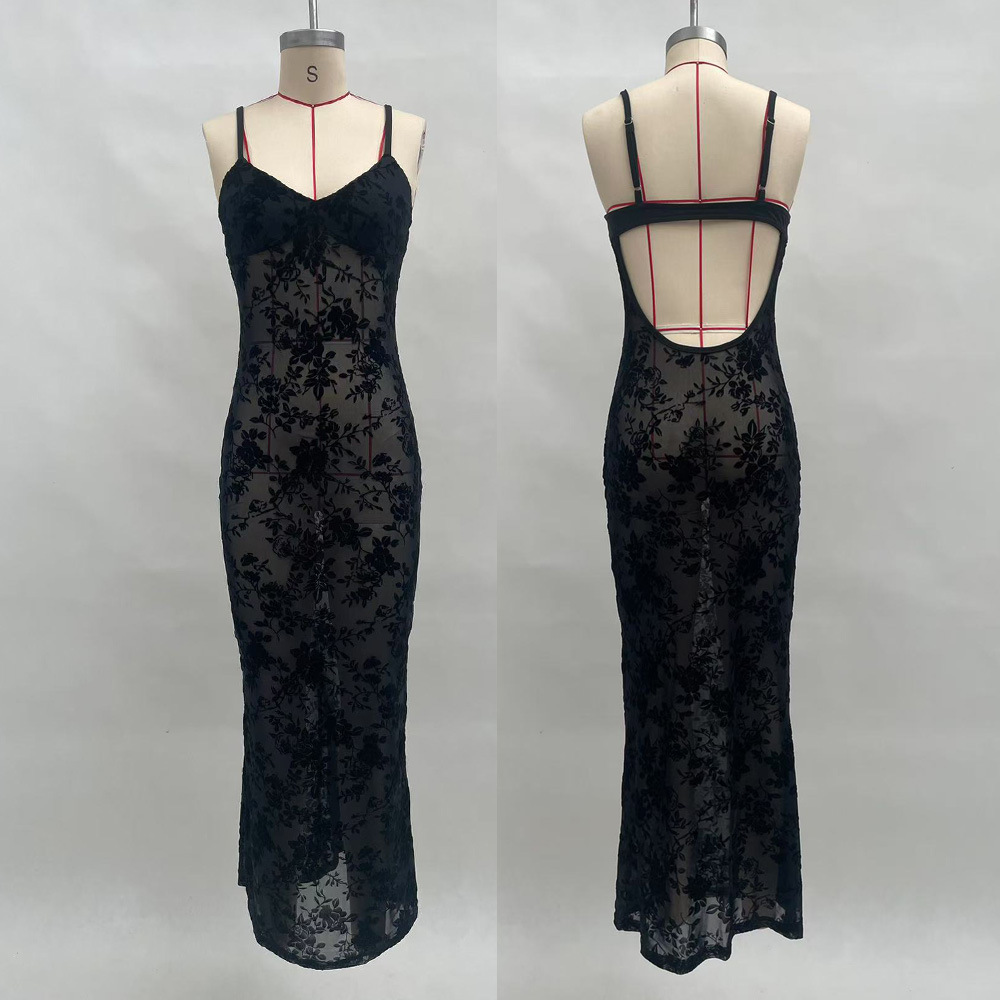 V-Neck Open-Back Lace Mesh Sheer Bodycon Cami Long Dress