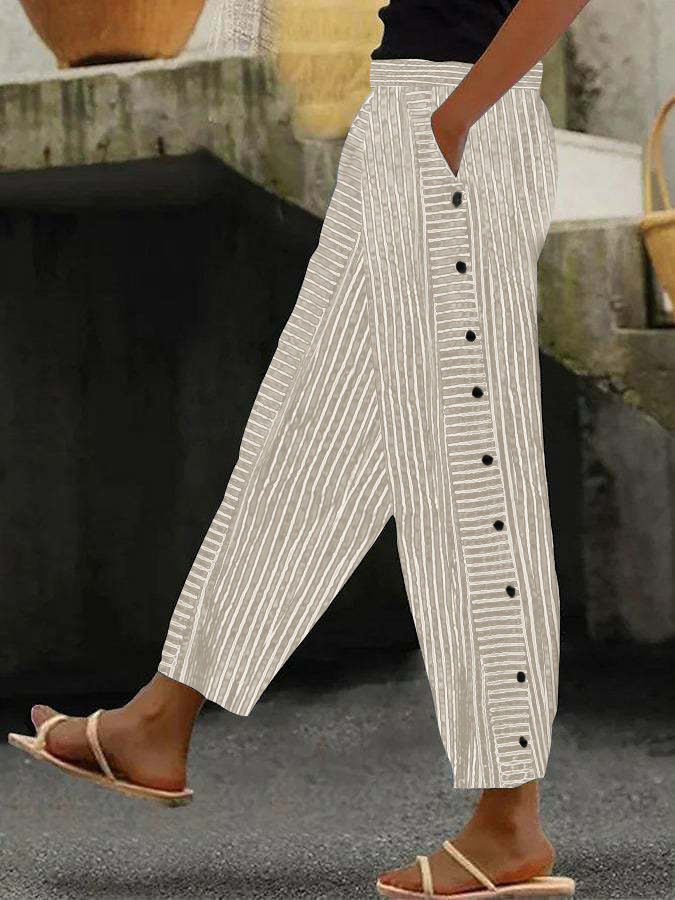 Women's Striped High-Waist Cropped Skinny Pants with Stretch