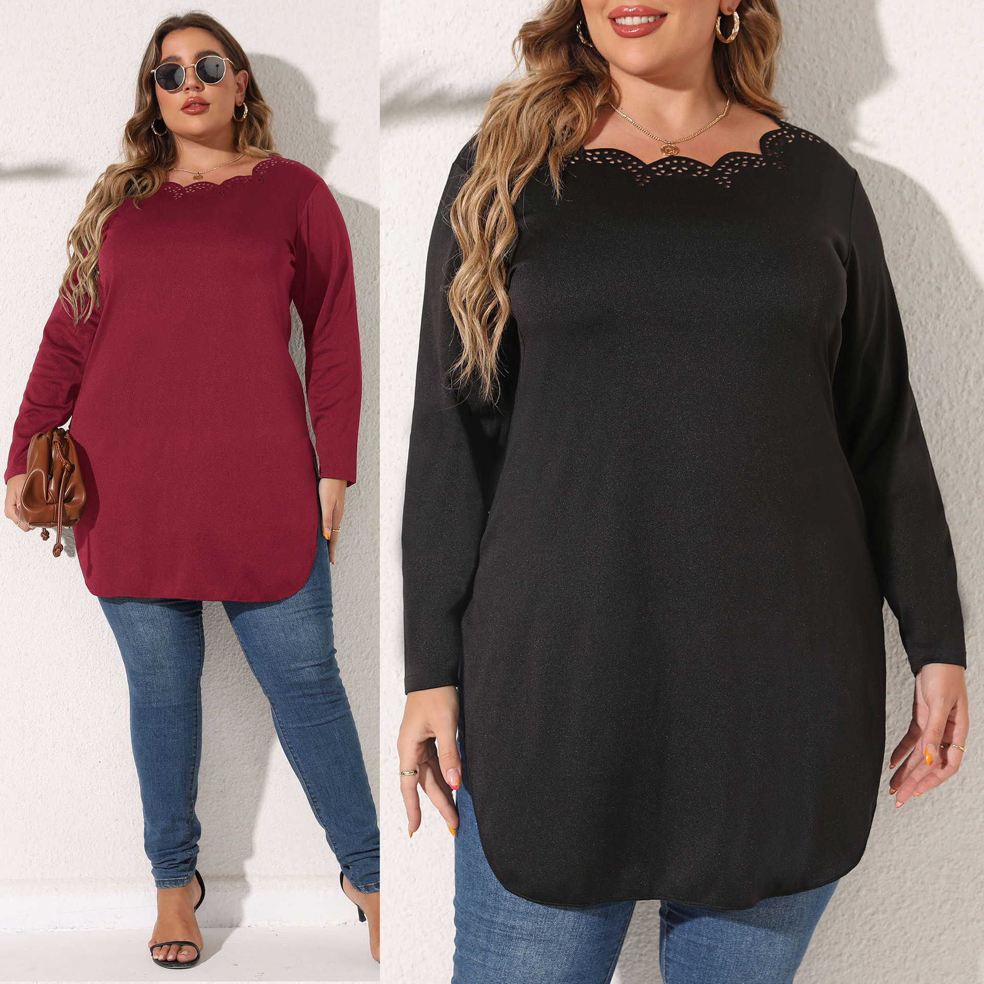 Women's Midi Burnout Hollow-Out Split Long-Sleeve T-Shirt