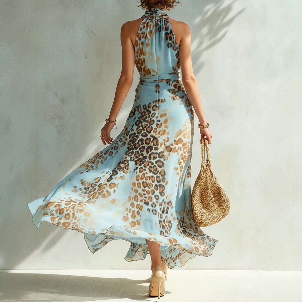 Leopard Print Halter Neck Split A-Line Midi Dress