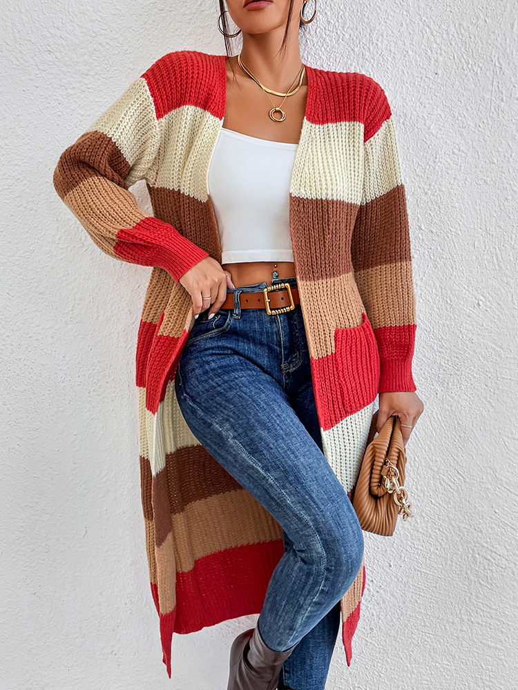 Women's Color-Block Striped Knit Long Cardigan Sweater Coat