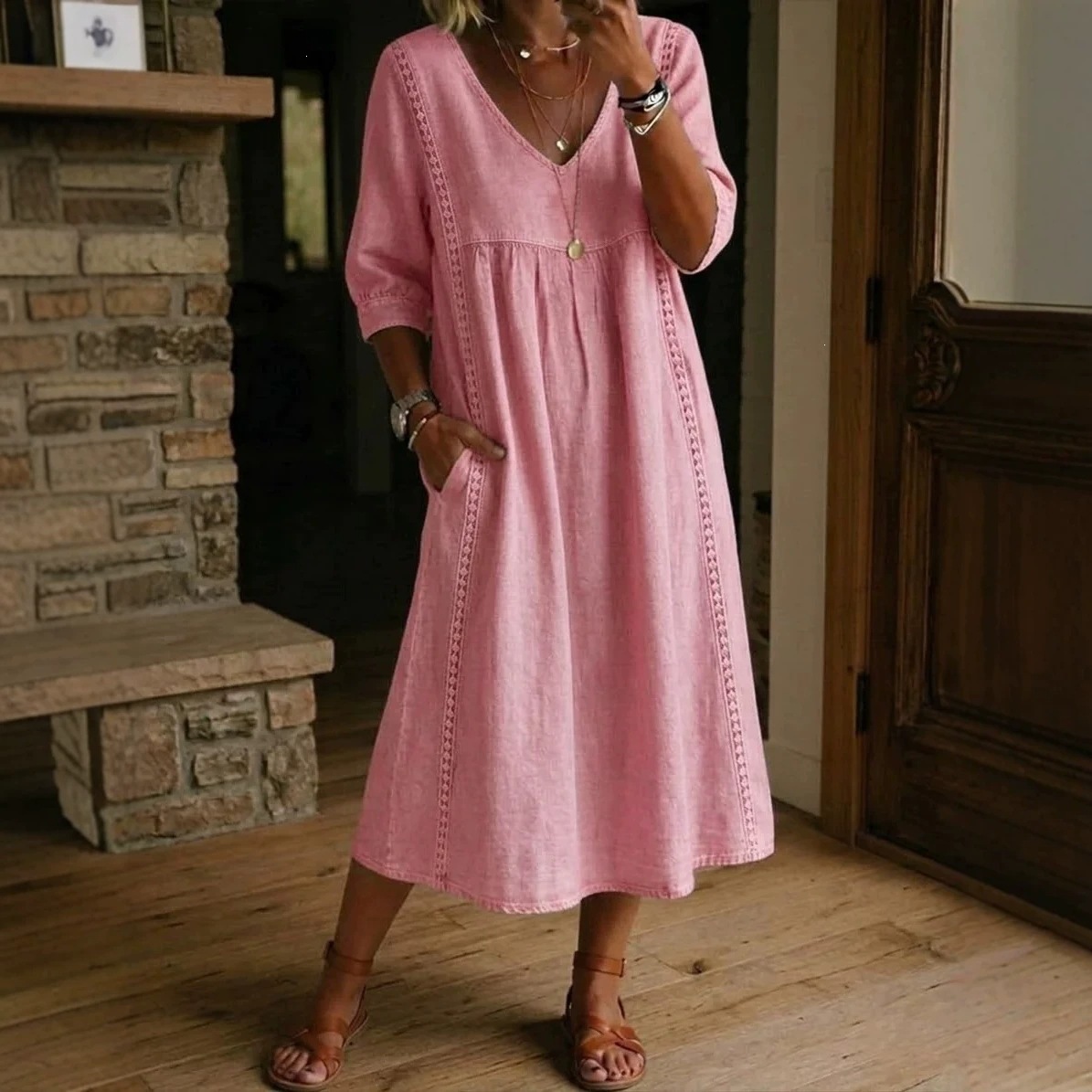 2026 Amazon New Summer European American Cotton Linen V-Neck Loose Slimming Seven-Tenths Sleeve Midi Women's Dress