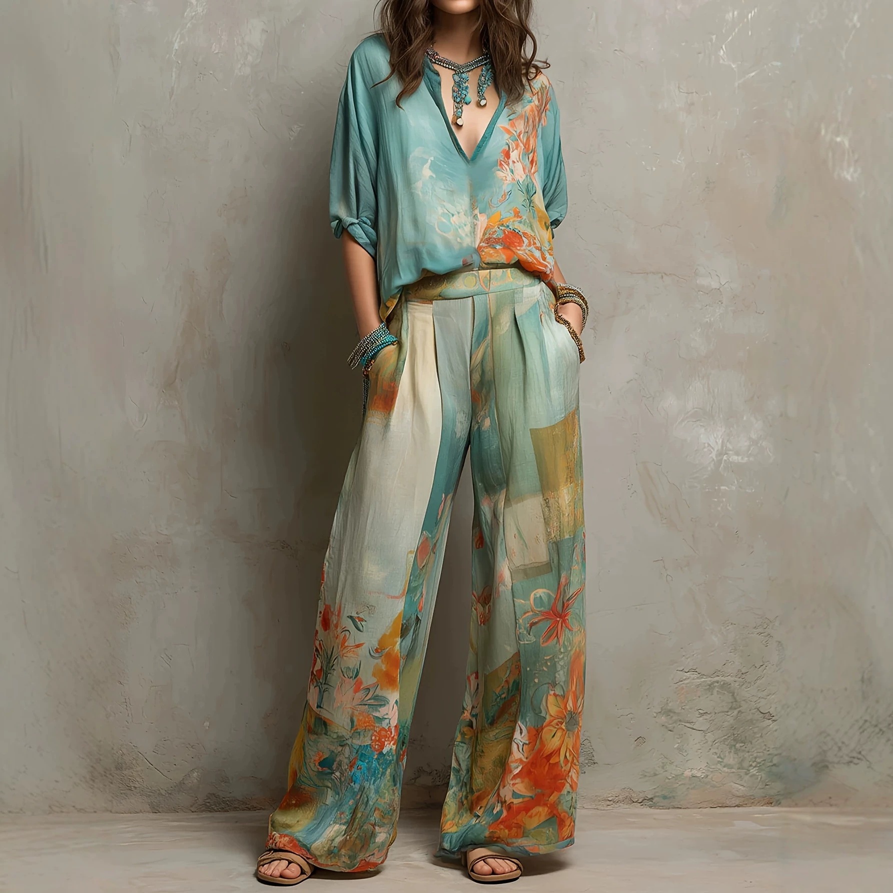 Deep V-Neck Top and Wide-Leg Pants Set