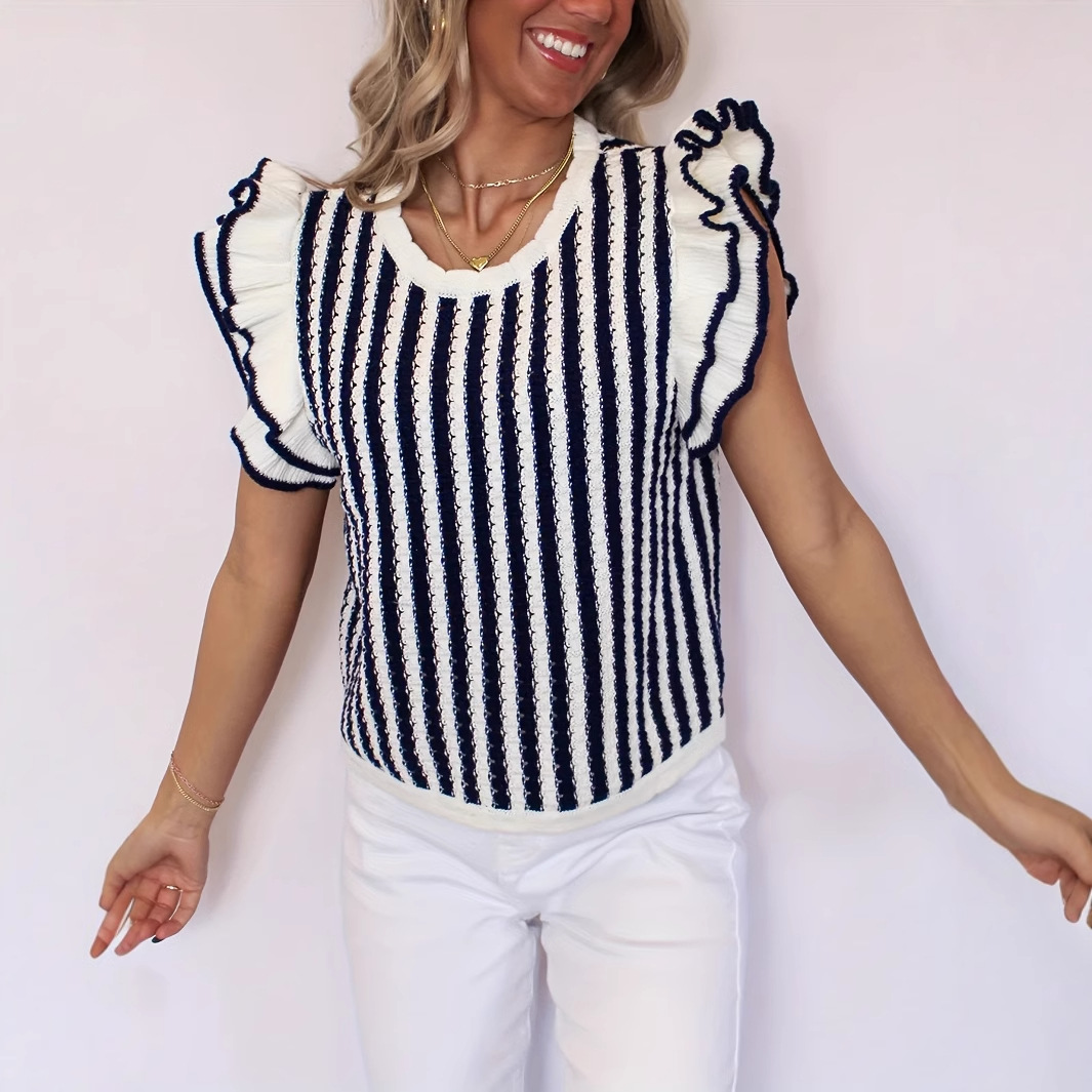 Women's Ruffle Sleeve Crewneck Slim Fit Knit Top