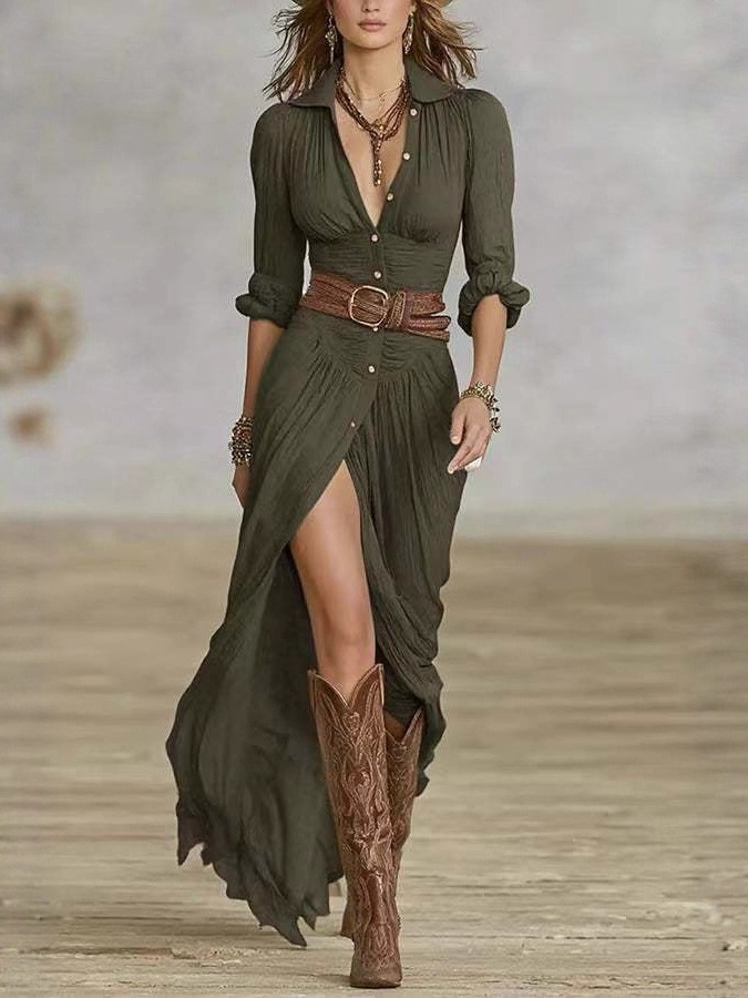 Women's Solid Color Asymmetric Ruched Dress with Belt