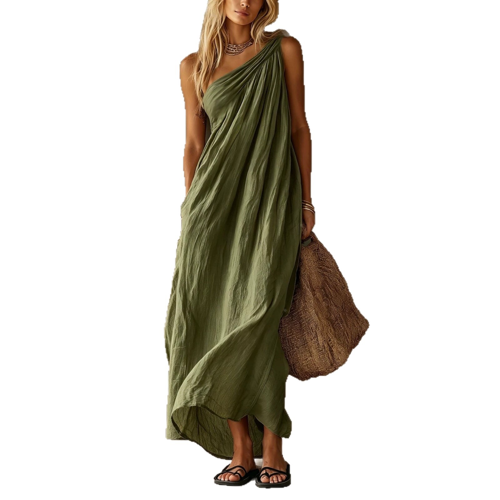 2026 Amazon Cross-Border Women's One-Shoulder Ruched Dress Loose Slimming Solid Color Beach Vacation Long Dress