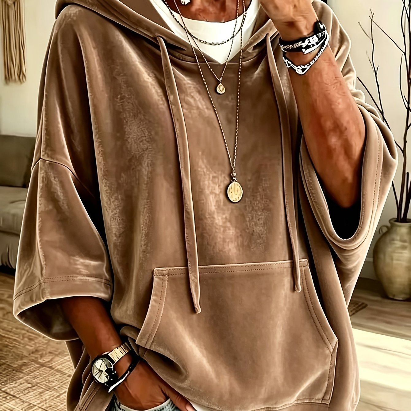Velvet Hooded Sweatshirt Solid Color Plus Size with Pocket