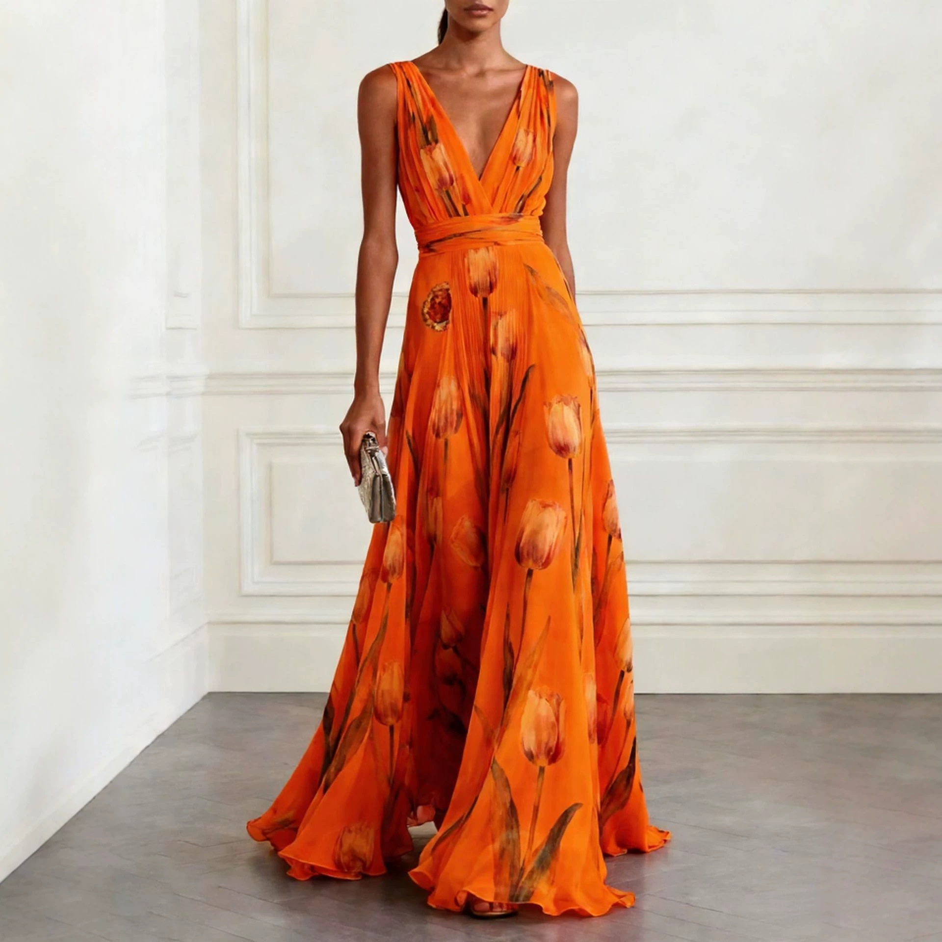 Tulip Print Sleeveless V-Neck A-Line Maxi Dress