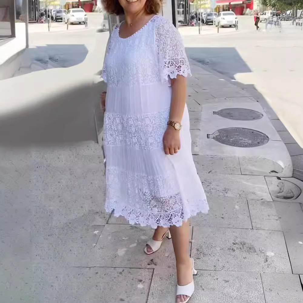 Women's Solid Color Hollow-Out Round Neck Short Sleeve Dress