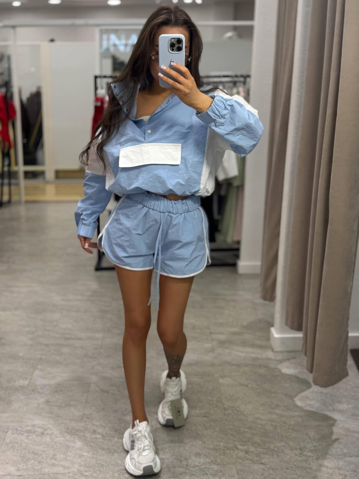 Colorblock Two-Piece Lightweight Stand Collar Drawstring Jacket and Elastic Waist Shorts Set