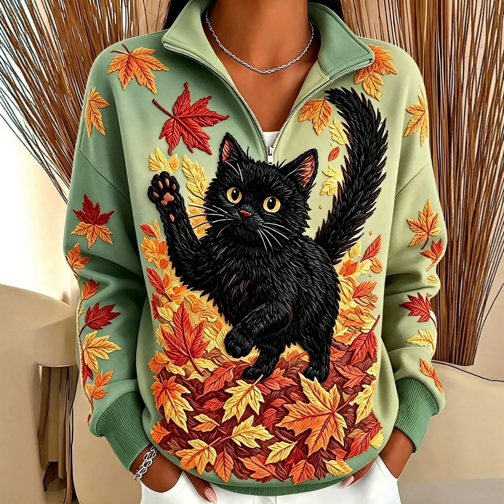 Cat & Maple Leaf Print Half-Zip Hoodie for Women