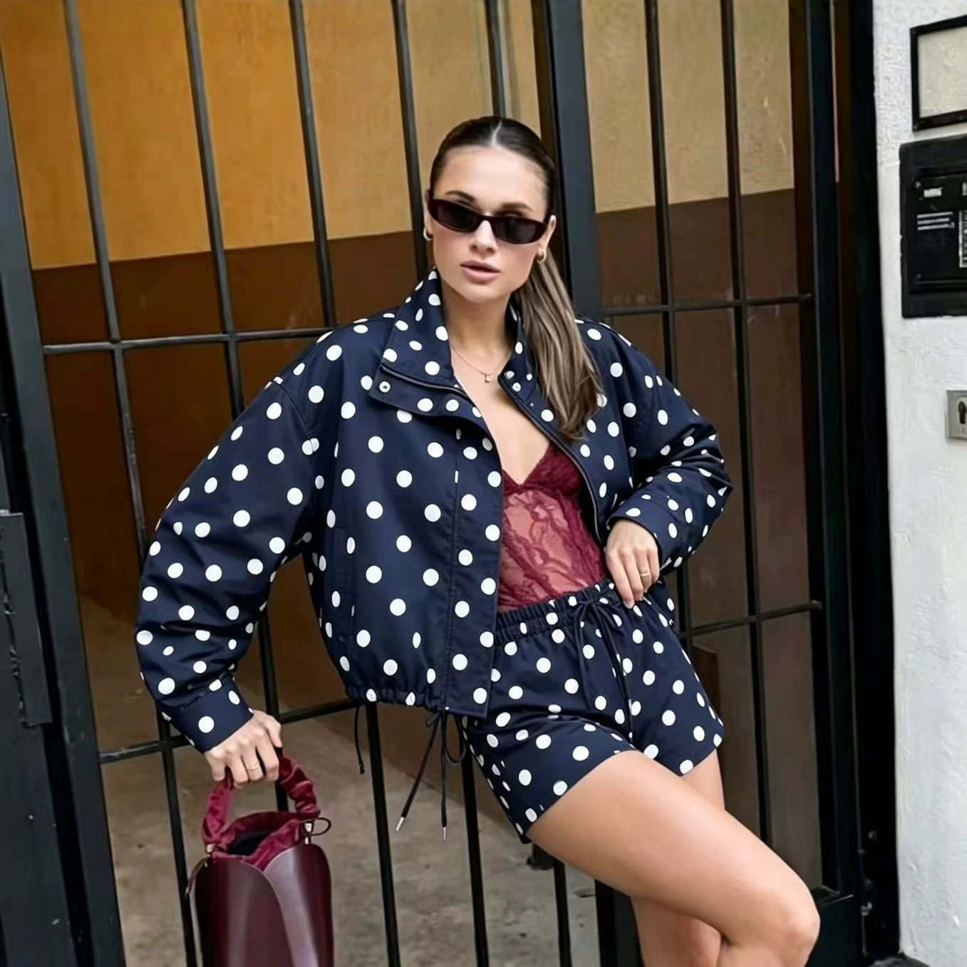 Women's Polka Dot Zip-Up Jacket with Drawstring Stand Collar