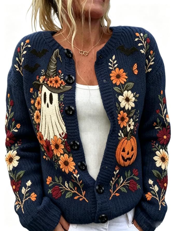 Women's Halloween Ghost Pumpkin Castle Floral Print Cardigan