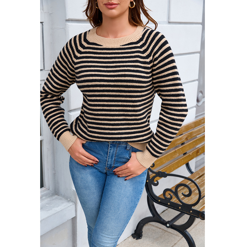 Plus Size Striped Colorblock Crewneck Knit Sweater Long Sleeve Pullover