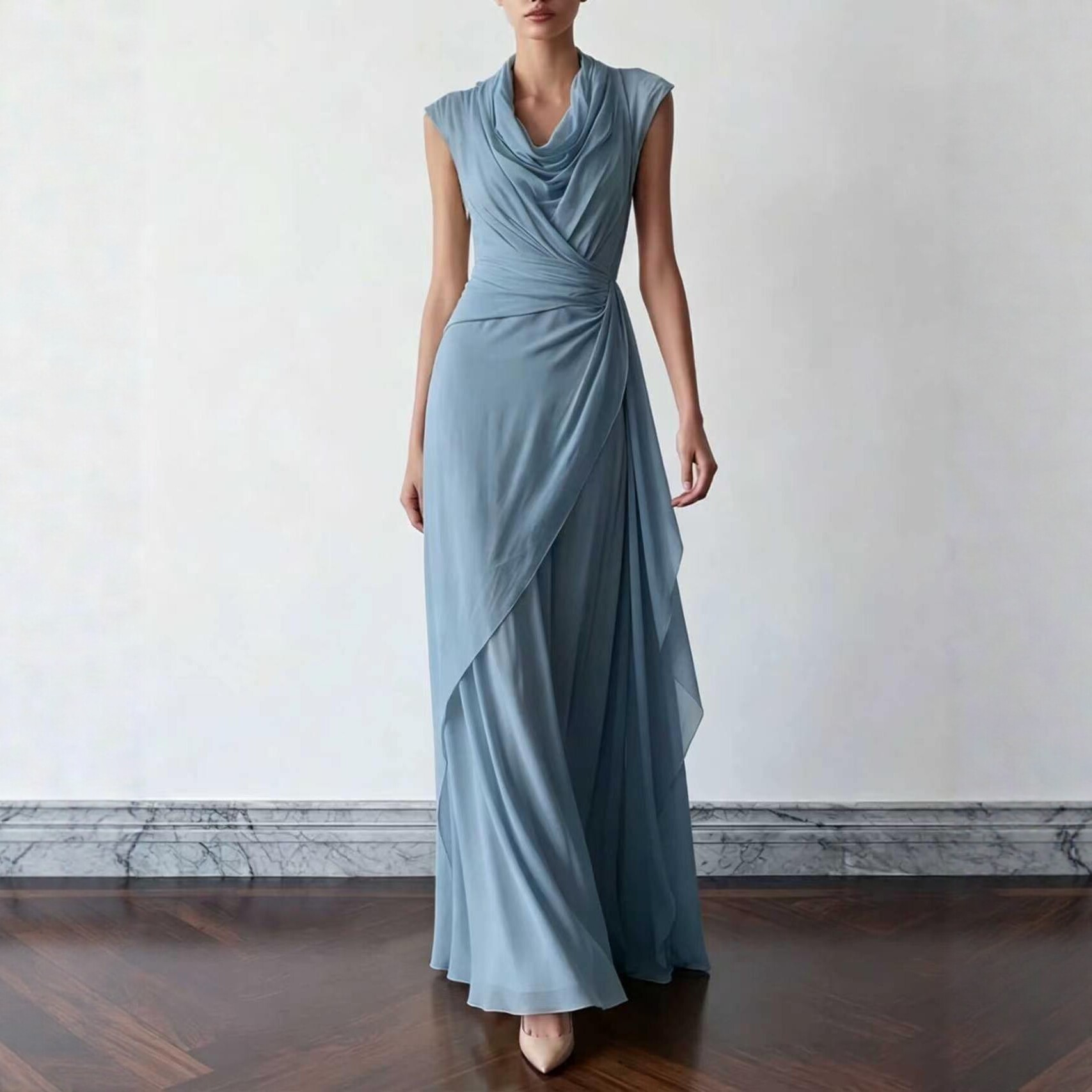 Women's Draped Neck Sleeveless Ruched Chiffon Maxi Dress