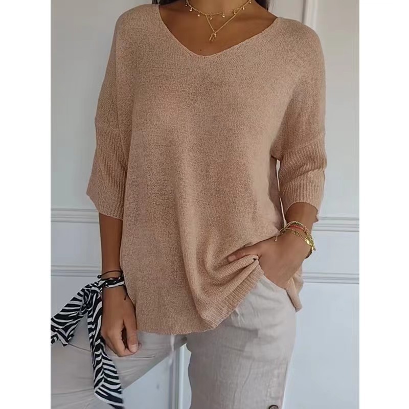 Women's V-Neck Knit Sweater Slimming Solid Color Pullover