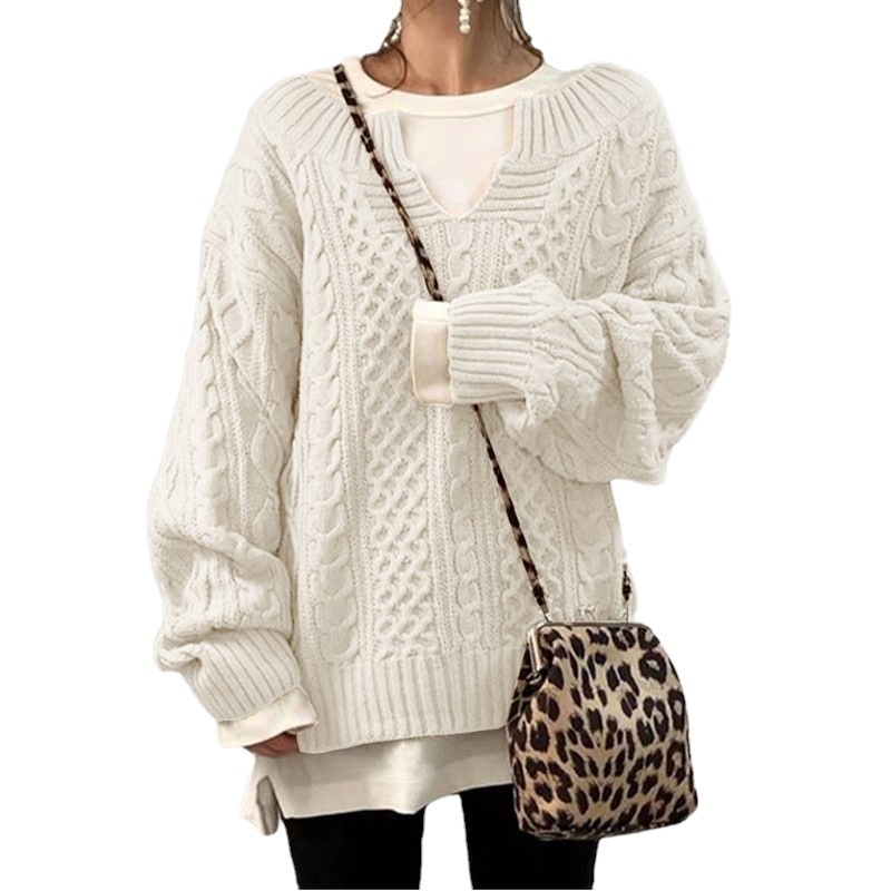 Women's Cable Knit V-Neck Sweater Loose Fit Long Sleeve Pullover