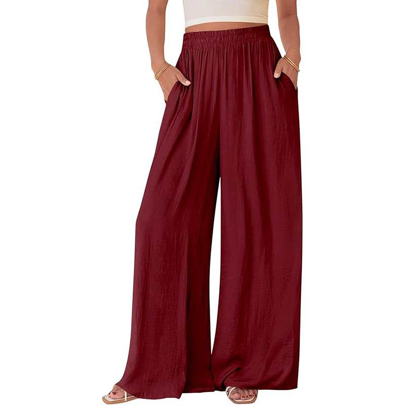 Women's Wide-Leg Casual Pants Solid Color Loose High-Waist Straight with Pockets