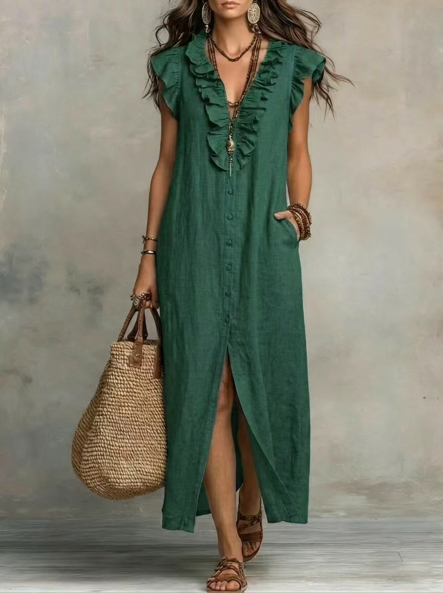 Boho Ruffle V-Neck Button-Front Maxi Dress with Pockets