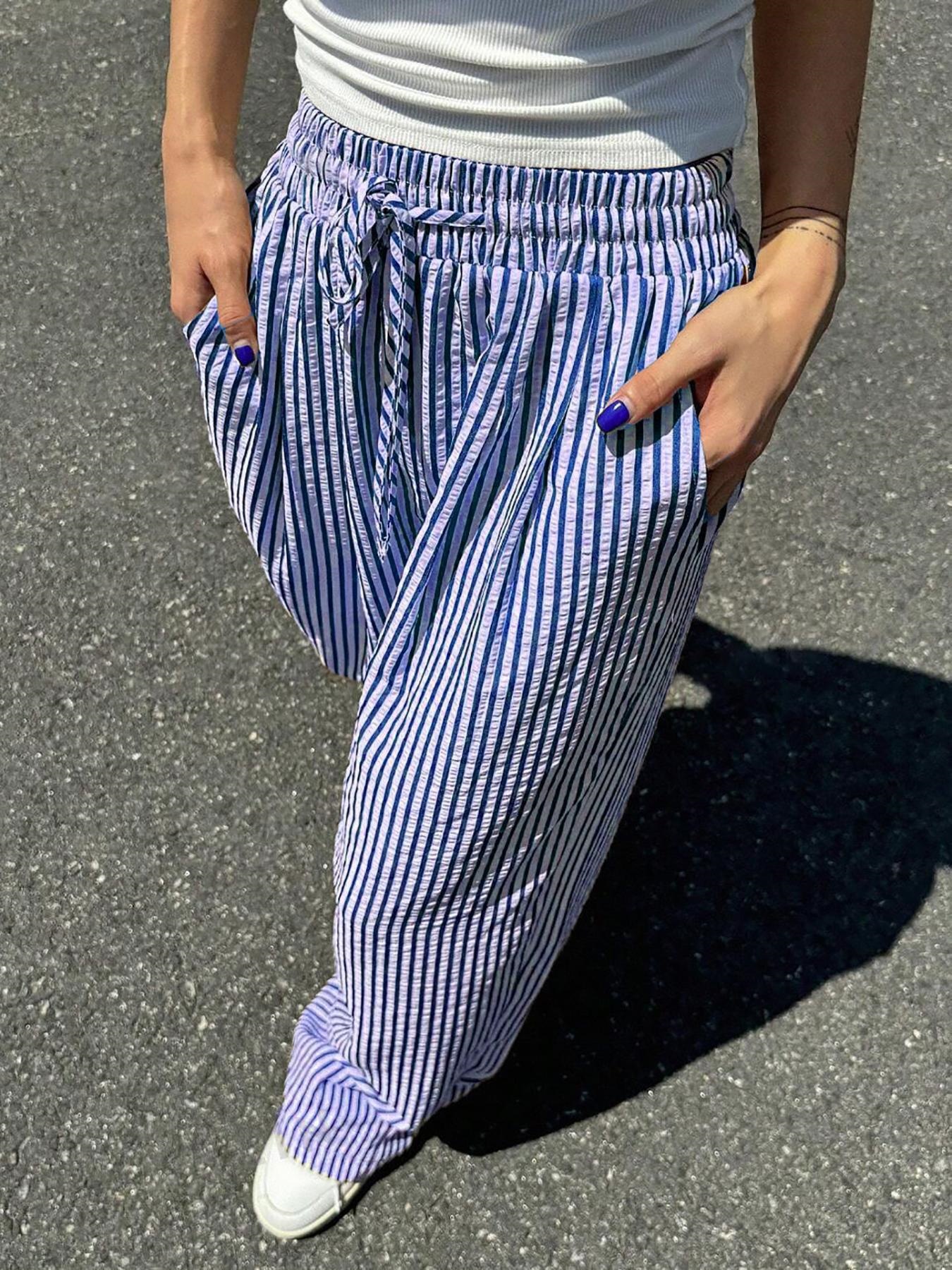Striped Wide-Leg Drawstring Pants with Pockets