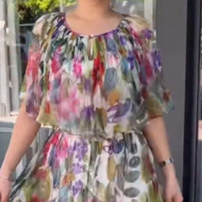 Women's Vintage Floral Print Short Sleeve Long Dress Slim Waist
