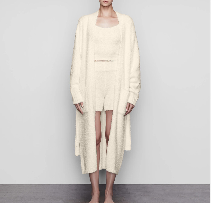 Women's Plush Tie-Belt Long Three-Piece Loungewear Set with Robe and Pants
