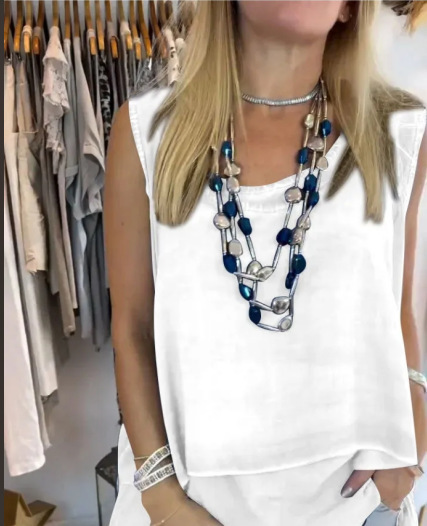 Solid Sleeveless Top and Patterned Pants Set Casual Two-Piece