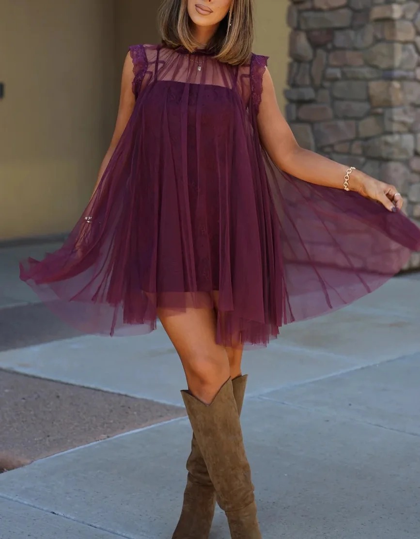 Purple Tulle Sleeveless Lace Panel Loose Short Dress