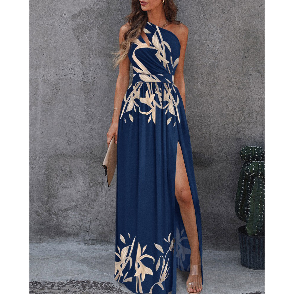One-Shoulder Sleeveless High-Waist Slit Maxi Dress