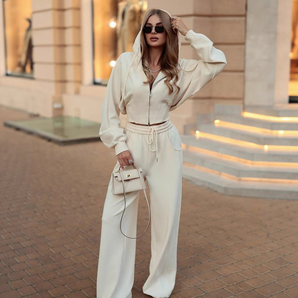 Solid Zip-Up Hooded Drawstring Waist Sweatshirt & Pants Two-Piece Set