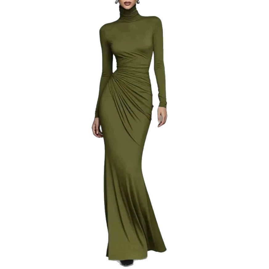 Solid High-Neck Long-Sleeve Fitted Waist-Cinching Maxi Dress