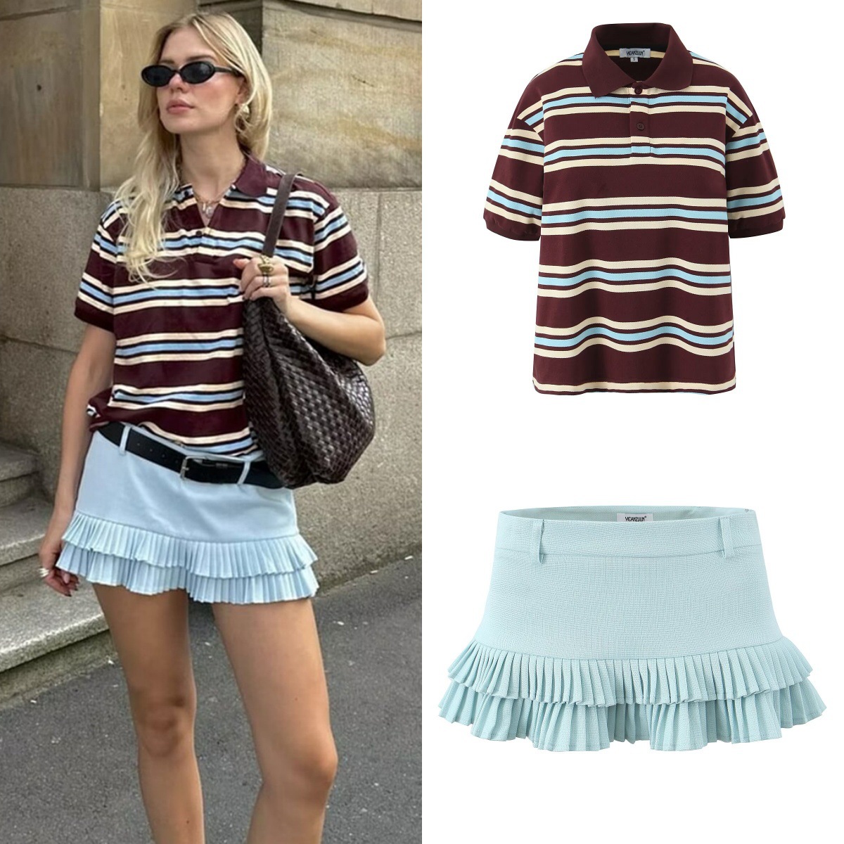 Striped Short-Sleeve T-Shirt & Low-Rise Pleated Mini Skirt Set