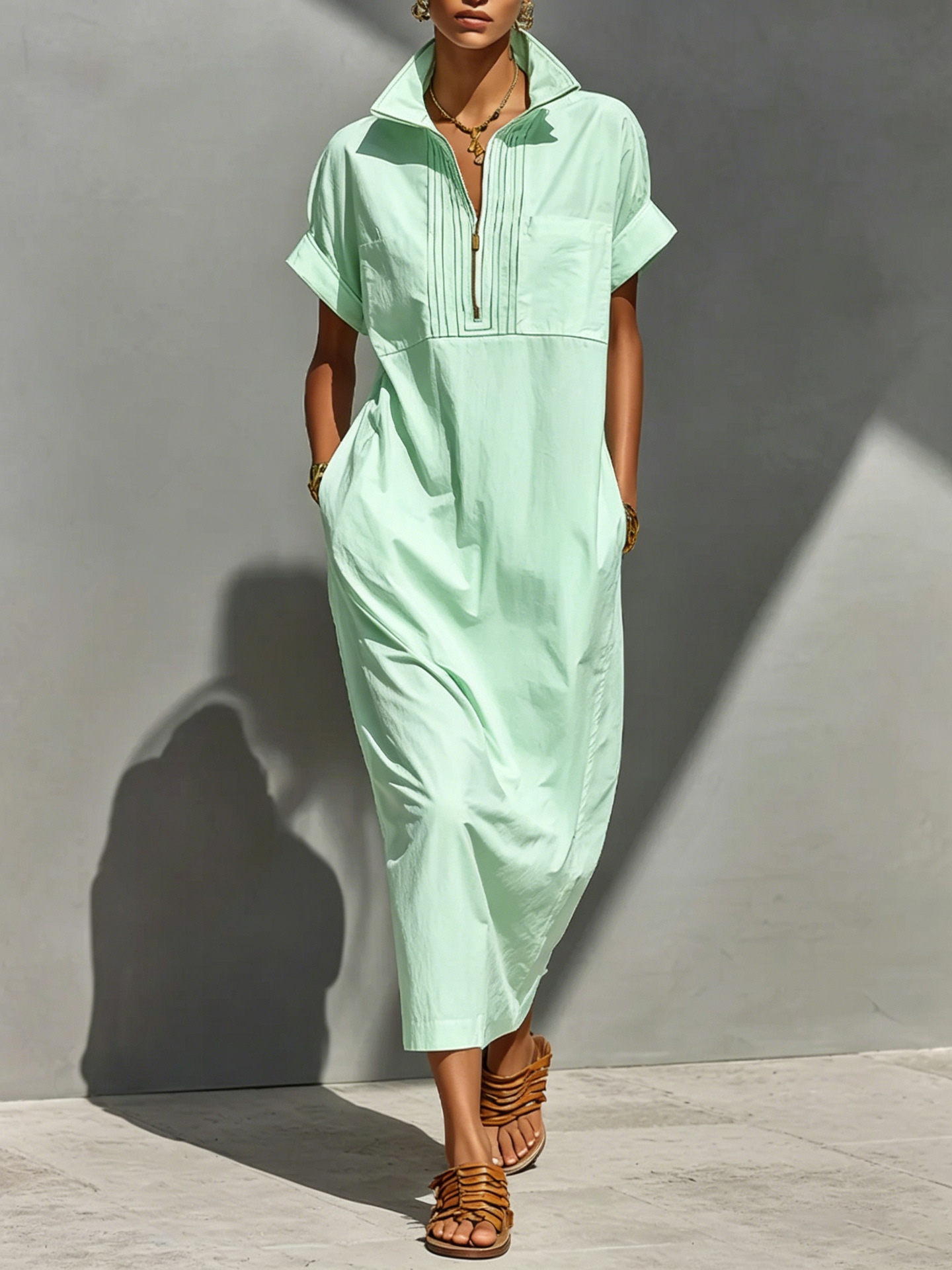 Women's Shirt-Style Jumpsuit with Stand Collar, Half Placket, Pockets, Loose Fit, Midi Length