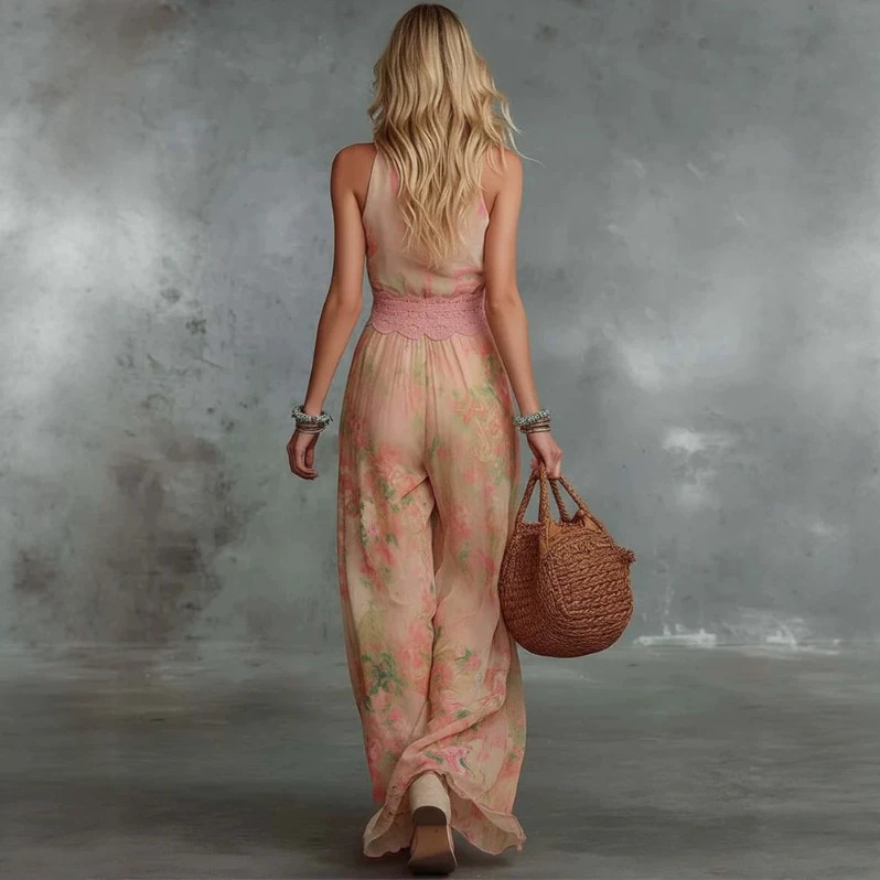 Vintage V-Neck Floral Oil Painting Print Sleeveless Jumpsuit