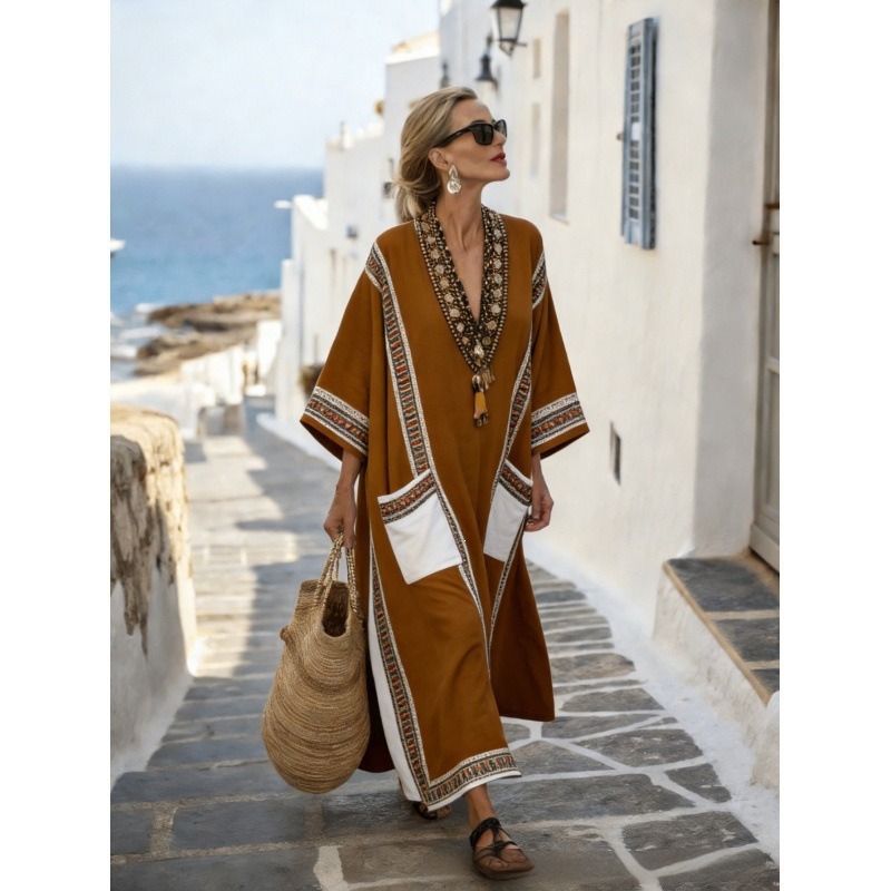 Women's Animal Print A-Line Midi Dress Long Sleeve Crew Neck Casual