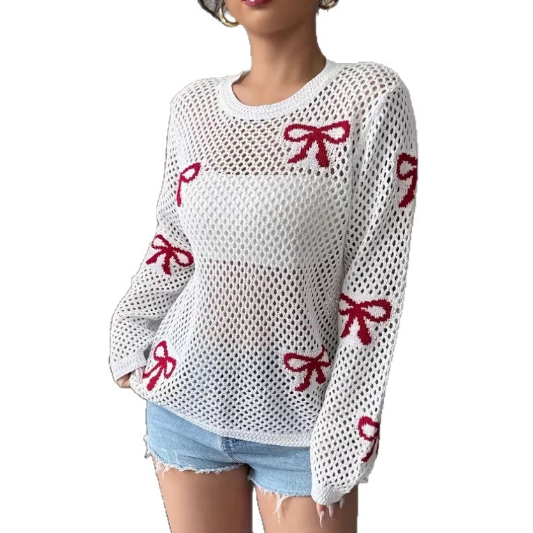 Women's Sheer Open-Knit Bow Jacquard Cover-Up Sun Protection Top
