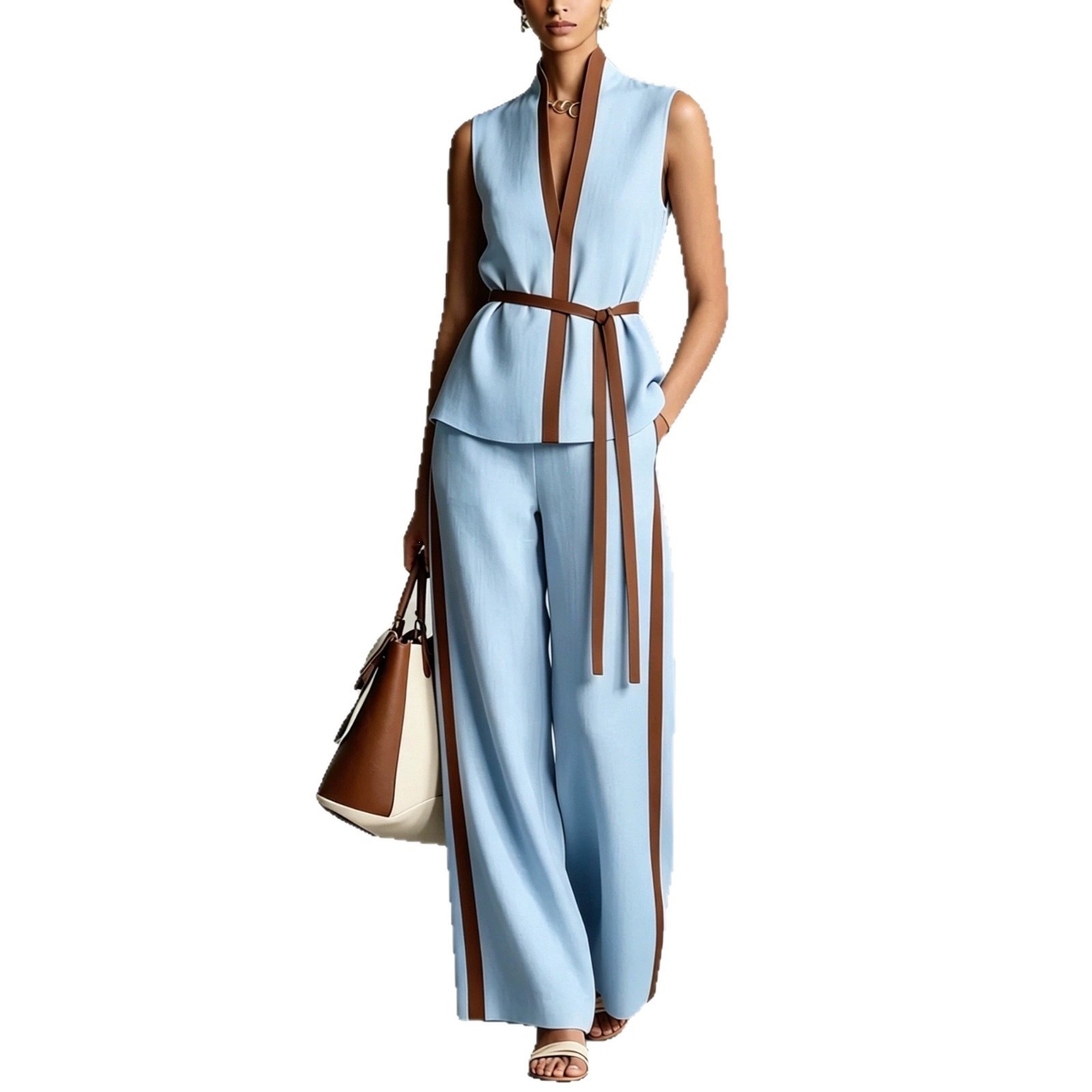 Women's Sleeveless Colorblock Top & Wide-Leg Pants Set