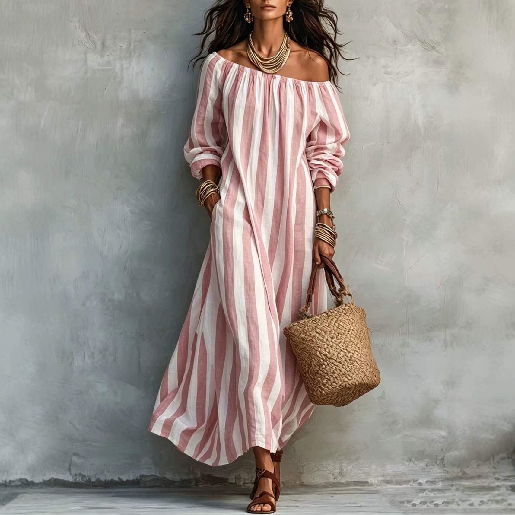 Striped Off-Shoulder Long-Sleeve Maxi Dress