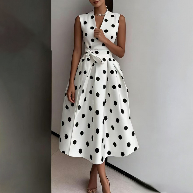 French Vintage Polka Dot High-Waist A-Line Midi Dress