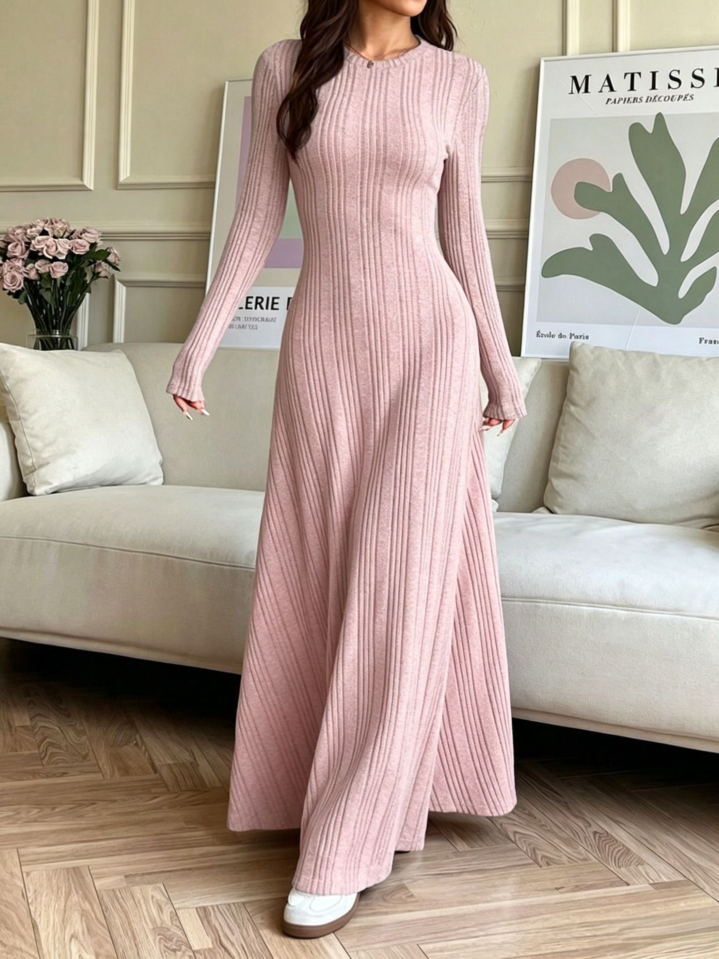 Women's Ribbed Knit Crewneck Long Sleeve Slim Fit A-Line Maxi Dress