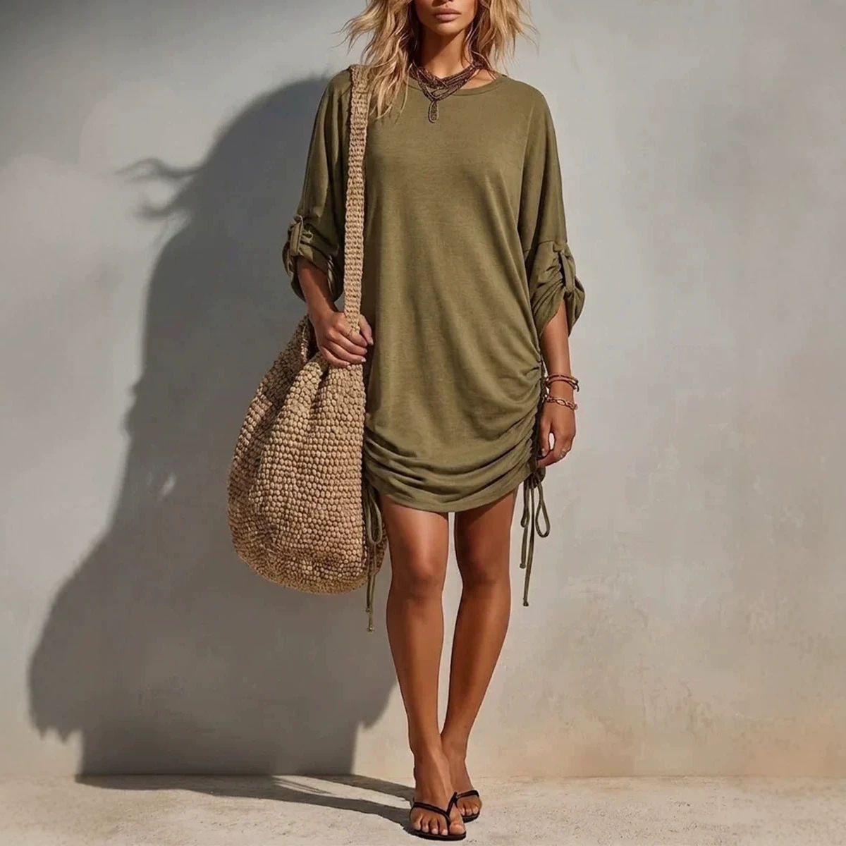 Women's Crewneck Solid Color A-Line Mini Dress with Drawstring