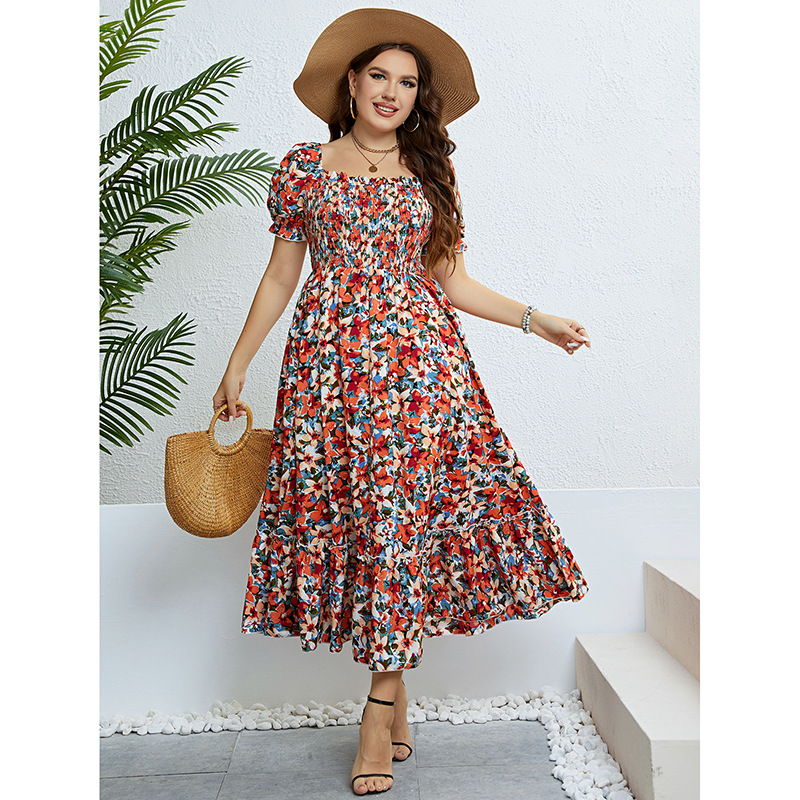 Floral Off-Shoulder A-Line Midi Dress with Puff Sleeves and Cinched Waist