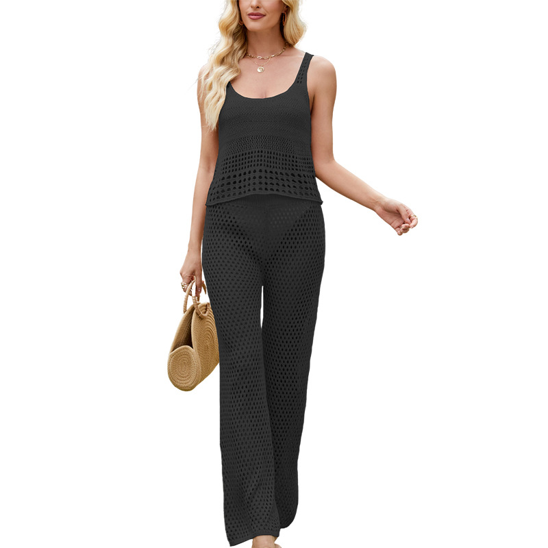 Women's Knit Crop Tank Top Set Hollow-Out Sleeveless Beachwear