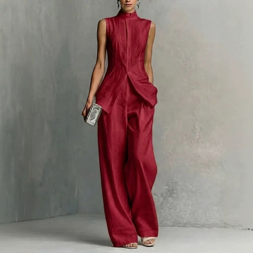 Women's Sleeveless Solid Top & Wide-Leg Pants Two-Piece Set