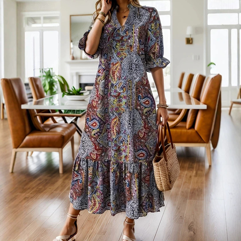 Elegant Floral Print V-Neck Midi Dress with Ruffle Sleeves