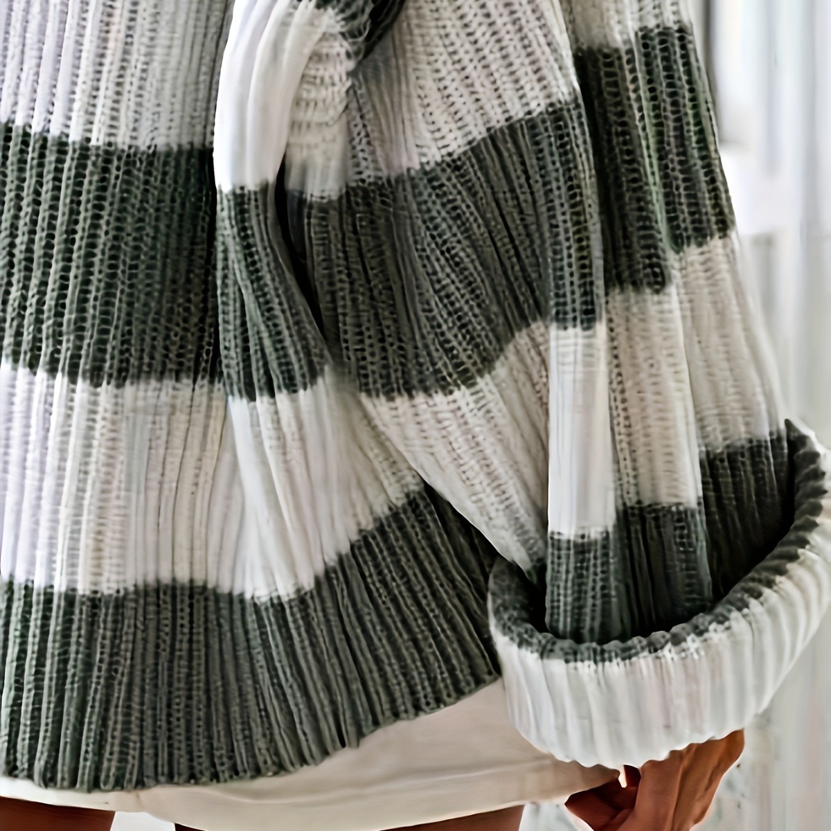 Wide Striped Gray & White Color-Block Loose Crewneck Long-Sleeve Knit Sweater for Women