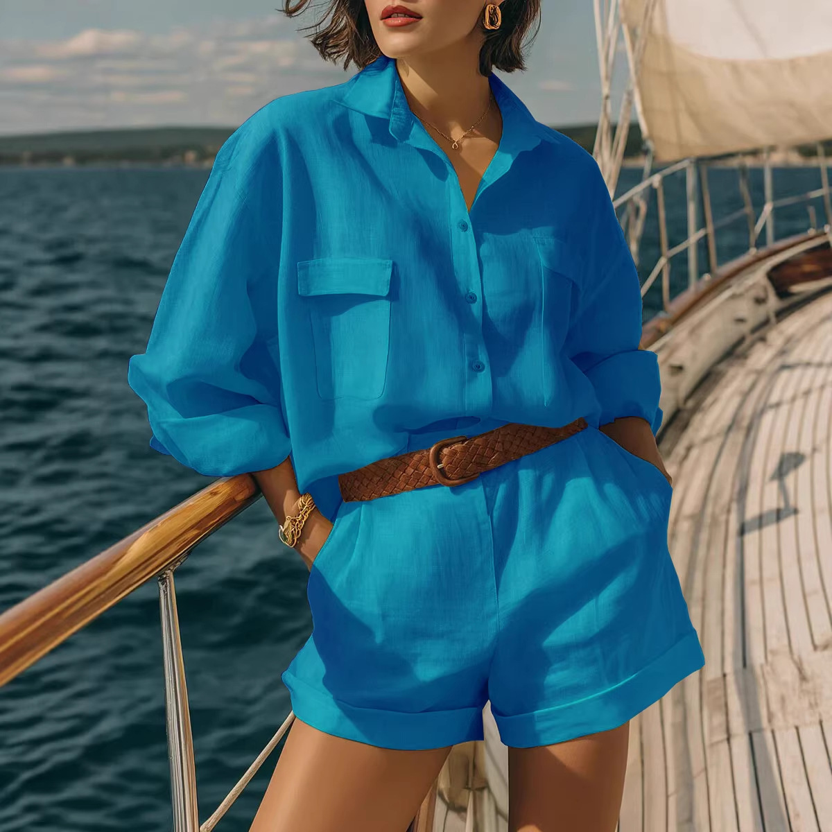 Women's Solid Color Cotton-Linen Loose Button-Front Shirt and Shorts Casual Set