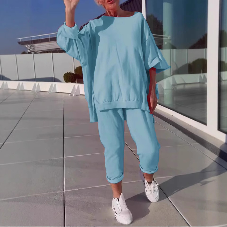 Women's Casual Solid Color Crew Neck Long Sleeve Top and Pants Set